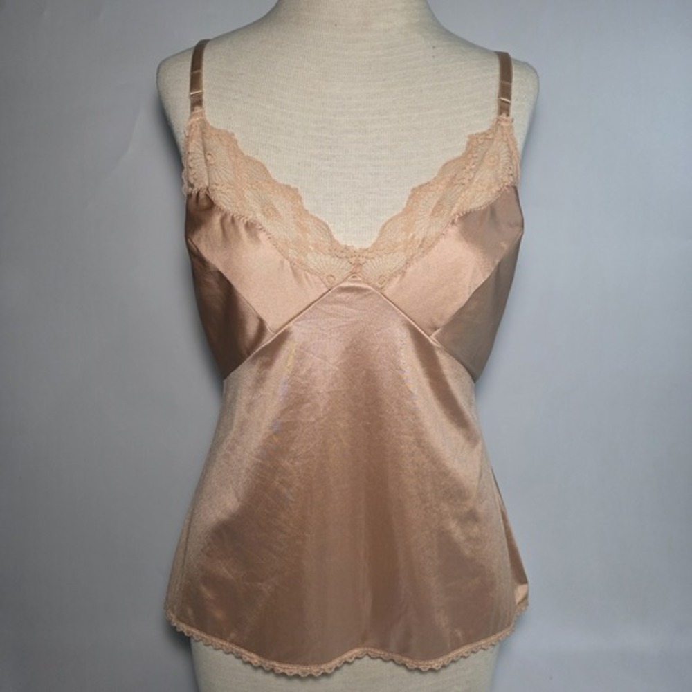 Vintage Womens Formfit‎ Tan/Beige Camisole Lingerie Adjustable Straps Lace Trim